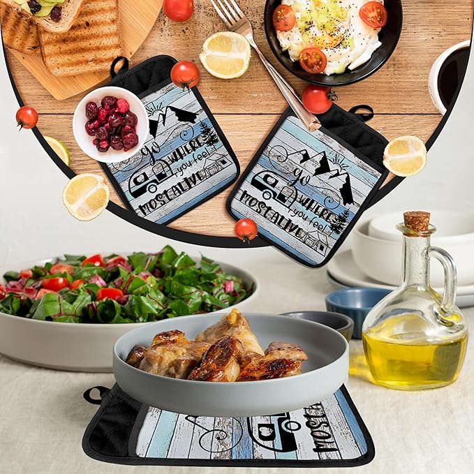 Camping Camper RV Gifts Pot Holders with Pockets, Go Where You Feel Most Alive Pot Holders Heat Resistant Oven Mitts Hot Pads for Campsite RV Kitchen Baking Cooking