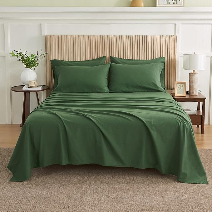 Simple&Opulence Belgian Linen Sheet Set Solid Color - 6 Pieces (1 Flat Sheet & 1 Fitted Sheet & 4 Pillowcases) 16" Deep Pocket Natural Flax Cotton Blended Soft Bedding - Forest Green, King Size