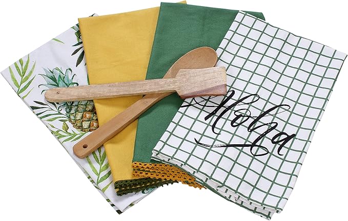ACCENTHOME Kitchen Towels Set of 4 Super Absorbent Durable Towels Perfect for Kitchen Mess & Drying Dishes 50x70 cm Stripe & Check Pattern Pineapple Print
