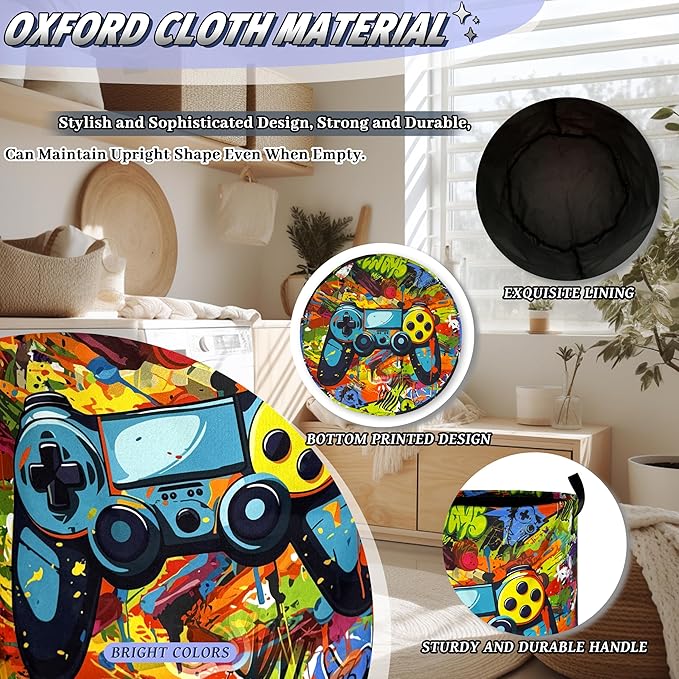 Game Laundry Basket Oxford Cloth Gamepad Funny Laundry Hamper With Handle Portable Clothes Storage Basket Foldable Laundry Bag 18.9"x16.5" For Laundry Room/Bedroom/Bathrooms