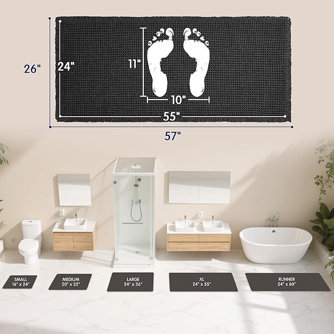 SUBRTEX Waffle Braided Bath Mat, 24" x 55" Soft Waffle Bath Rugs, Absorbent Non Slip Bathrooom Mats, Machine Washable Area Rug for Bathroom, Quick Dry, Black
