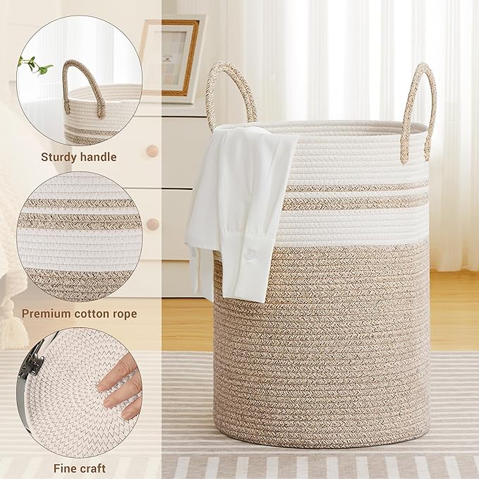 SunNewt Tall Laundry Basket with Handles, 72L Portable Dirty Clothes Hamper, Boho Cotton Rope Storage Bin for Blankets Kids Toys Gifts, Large Organizer for Baby Nursery Bedroom Bathroom, New Brown