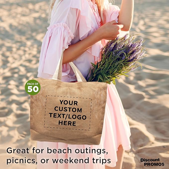 DISCOUNT PROMOS 50 Natural Jute Fiber Carry-On Tote Bags Set - Customizable Text, Logo - Convenient, Webbing Handle, Everyday Use - Natural
