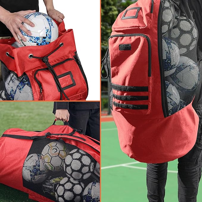 Fitdom Heavy Duty XL Soccer Mesh Equipment Ball Bag w/Adjustable Backpack Shoulder Strap Design for Coach. 2 Different Size Front Pockets for Sporting Accessories.