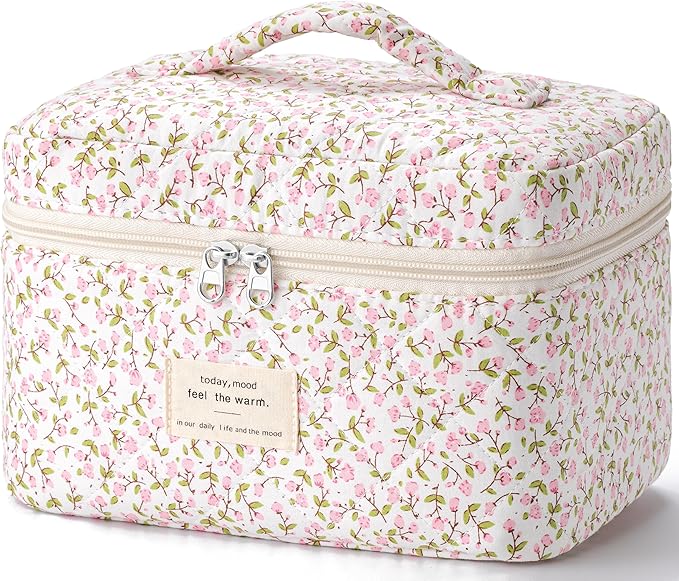 HBselect Christmas Gifts Large Quilted Makeup Bag, Cute Cotton Travel Makeup Bag with Handle, Portable Coquette Floral Make up Bags, Toiletry Organizer Make up Bags for Women Teen Girls Mom