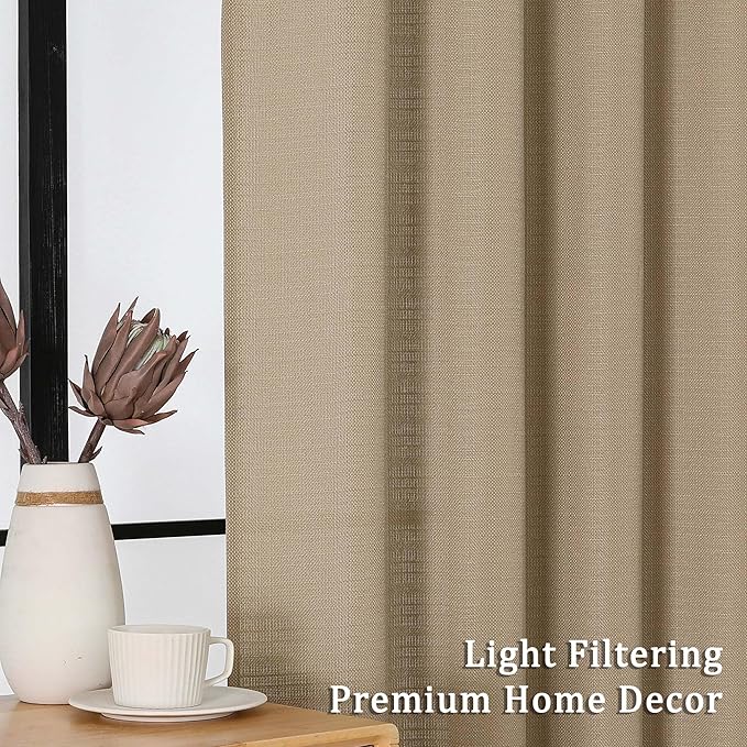 Lecloud Bessie Camel Curtains 63 Inch Length 2 Panels, Breathable Light Filtering Faux Linen Bedroom Curtains, Rod Pocket Curtain Panels for Living Room, Each 40 W x 63 L