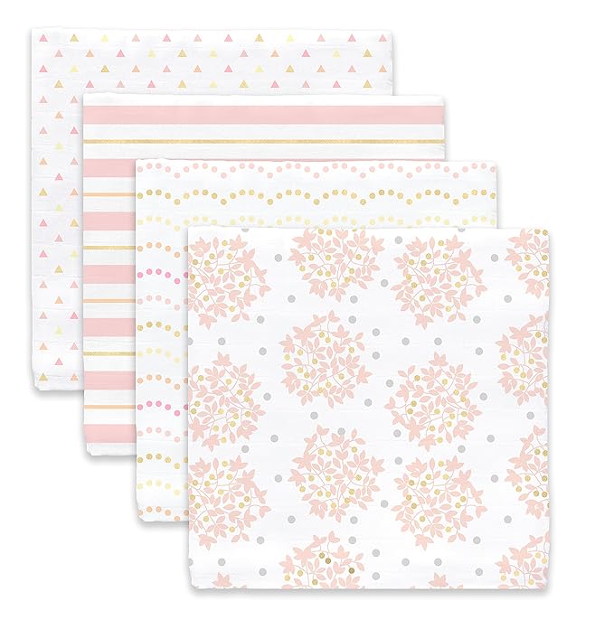 SwaddleDesigns Cotton Muslin Swaddle Blankets, Set of 4, Receiving Blankets for Baby Boys & Girls, Best Shower Gift, 46x46 inches, Pink Floral