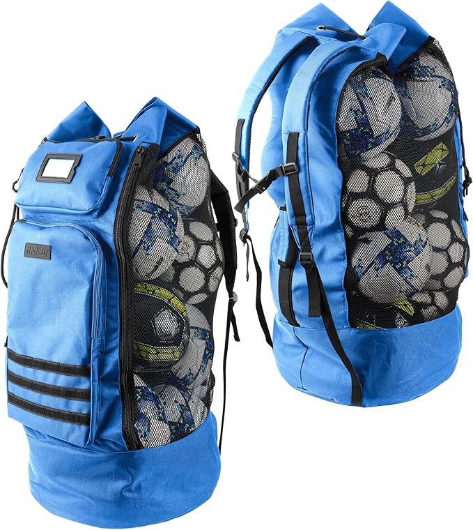 Fitdom Heavy Duty XL Soccer Mesh Equipment Ball Bag w/Adjustable Backpack Shoulder Strap Design for Coach. 2 Different Size Front Pockets for Sporting Accessories.