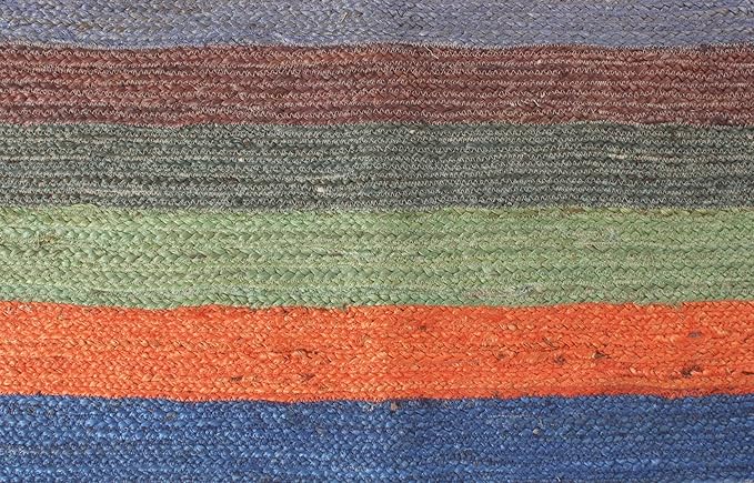 Scalloped Edge Rug, Hand Woven Natural Jute Area Rug, 3x3 Ft Square Beige & Multicolor Braided Kilim Rugs for Living Room, Kitchen, Entryway, Farmhouse