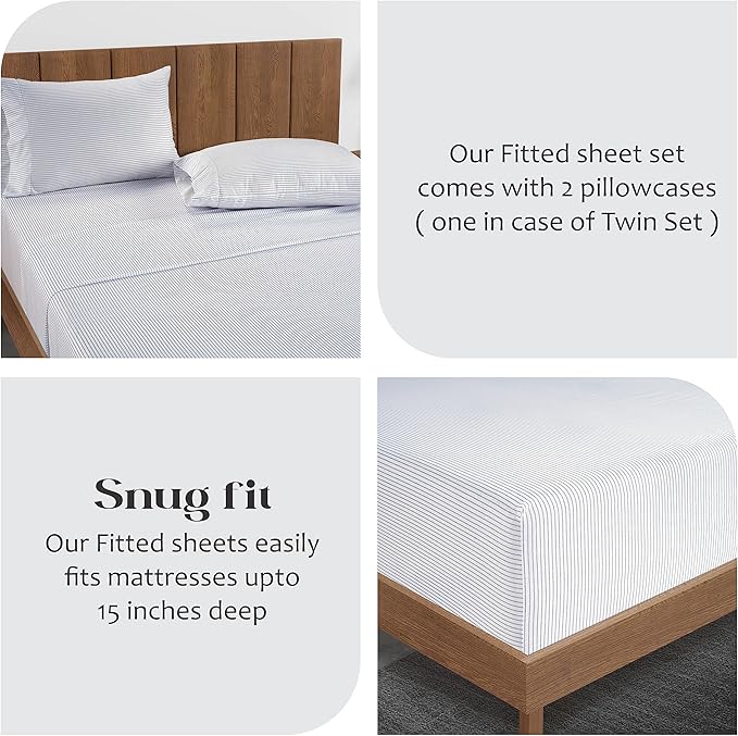 LANE LINEN 100% Organic Cotton Twin Fitted Sheet, 2-Piece Set (1 Fitted Sheet, 1 Pillowcase), Percale Weave, Soft, Breathable, Fits Mattress Upto 15' Deep - Blue Ticking Stripe (No Flat Sheet)