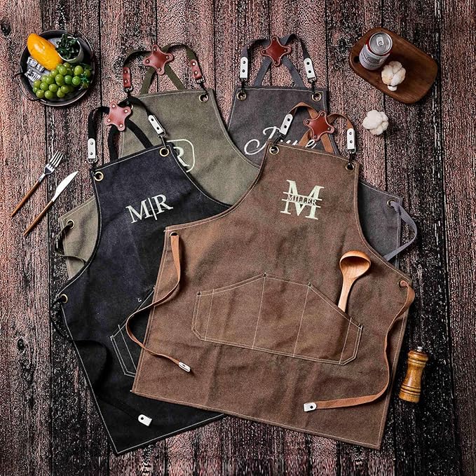 Personalized Apron with Embroidered Initial, Denim Canvas Custom Aprons for Men, Adjustable Mens Apron Cooking Aduit Men Gift Trendy Stufff, Kitchen Essentials,Barbeque w/Styles & Patterns