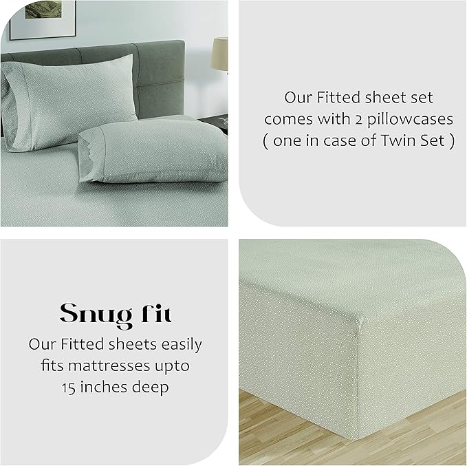LANE LINEN Twin Fitted Sheets, 100% Organic Cotton 2-Piece Set (1 Fitted Sheet, 1 Pillowcase), Percale Weave, Soft, Breathable, Fits Mattress Upto 15' Deep - Grey (White Dot)(No Flat Sheet)