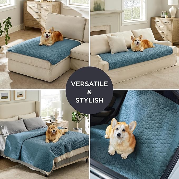 Bedsure 100% Waterproof Bed Cover for Dogs Washable - Non Slip Waterproof Dog Blanket for Bed, Lightweight Furniture Protector Durable for Pet Cat Puppy with Non-Slip Bottom, Blue, 82x102IN