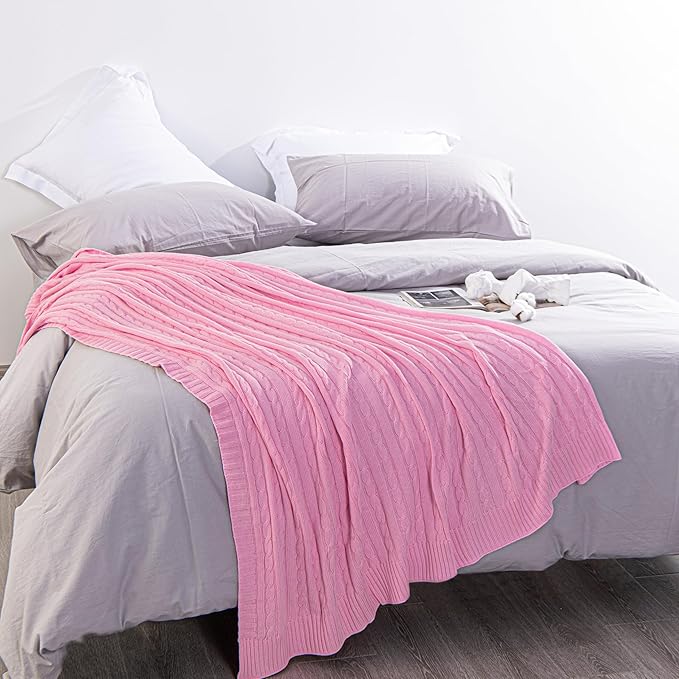 NTBAY 100% Pure Cotton Oversize (60x80) Cable Knit Throw Blanket, Super Soft Warm Knitted Throw Blanket for Bed, Sofa, Chair, Couch - Extra Cozy, Machine Washable, Comfortable Home Decor, Pink