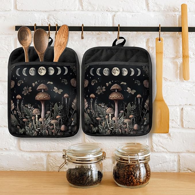 Enchanted Forest Witchy Moon Mushroom Pot Holders with Pockets, Cottagecore Mystical Butterfly Botanical Oven Pot Holders Heat Resistant Oven Mitts Hot Pads for Kitchen Baking Cooking