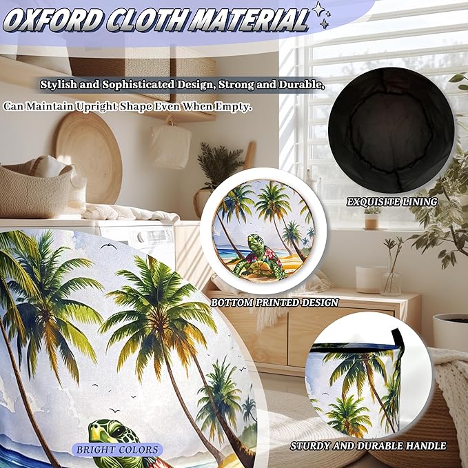 Hawaiian Beach Sea Turtle Laundry Basket Oxford Cloth Turtles Laundry Hamper With Handle Portable Clothes Storage Basket Foldable Funny Laundry Bag 18.9"x16.5" For Laundry Room/Bedroom/Bathrooms