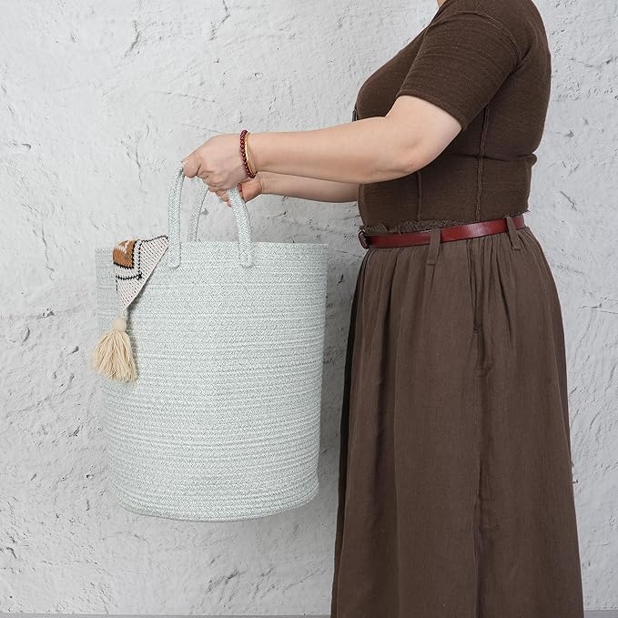 XUANGUO Cotton Rope Laundry Basket Hamper for Clothes Woven Storage Basket for Living Room Bedroom Boho Tall Rope Baskets for Blanket Toys Pillow Towels Baby Nursery Hamper Bin green