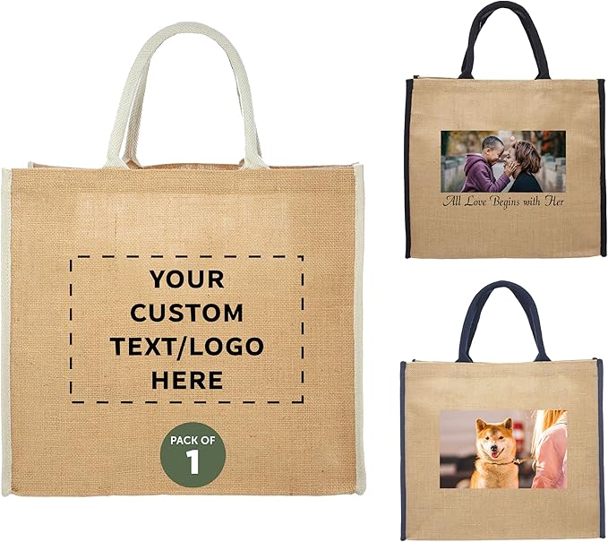 DISCOUNT PROMOS Custom Fresno Eco Friendly Jute Tote Bags Set of 1, Personalized Text logo and Picture- Reusable, Great for Tradeshows, Grocery, Shopping and Outdoor Events - Light Beige