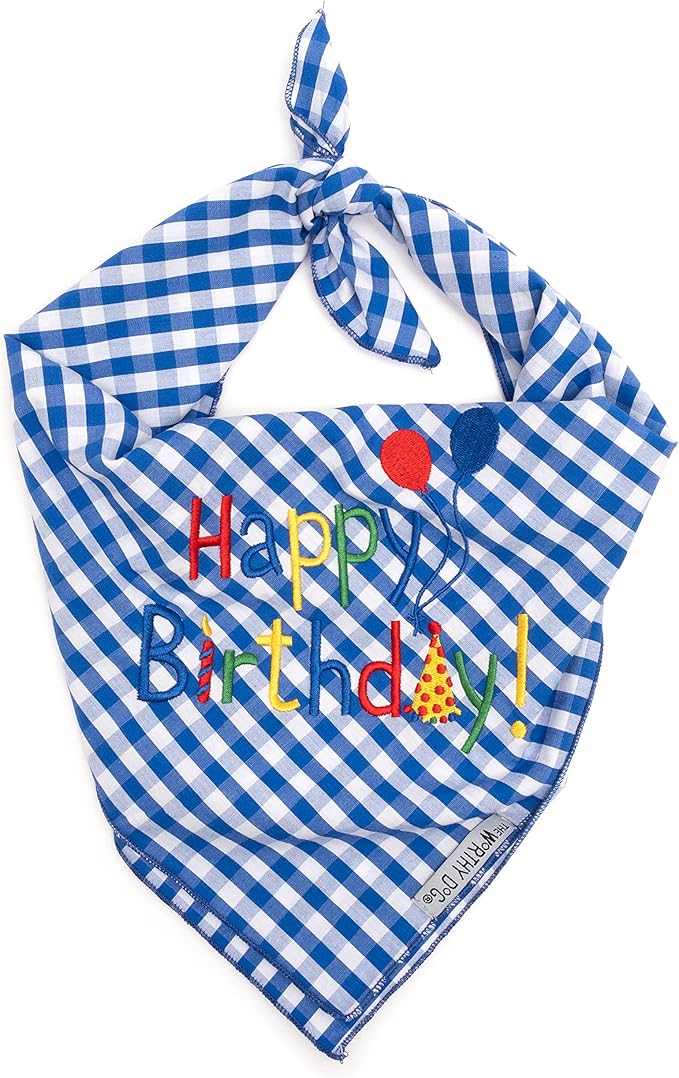THE WORTHY DOG Classic Tie-Ir Dog Bandana – Soft Cotton Flannel Square Pet Bandana, Happy Birthday Pattern, Blue, Large