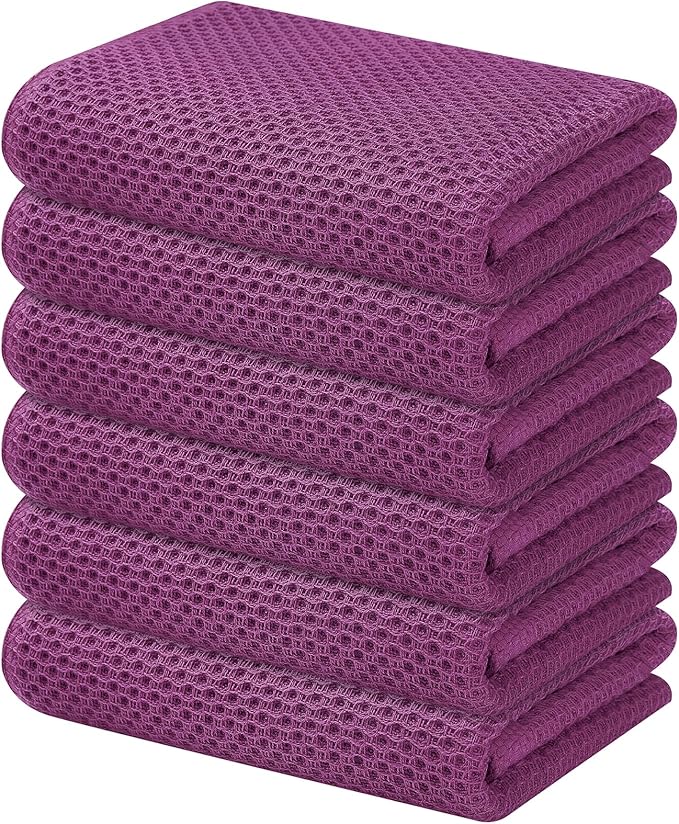 Kitinjoy 100% Cotton Waffle Weave Kitchen Towels, 6-Pack Soft lint Free and Absorbent Dish Towels for Kitchen Drying Dishes Hand Towels, 13 in x 28 in, Violet