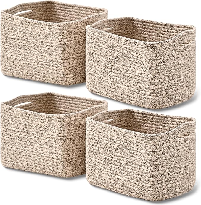 ICERZCZ Small Storage Baskets for Shelves Organizing, Woven Cotton Rope Baskets for Storage, Book Basket, Decorative Shelf Basket, 12.5"Lx9.1''Wx7.9''H (4 Packs) Brown
