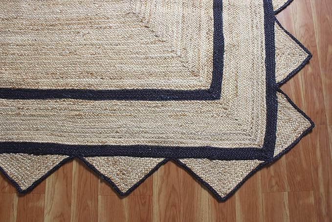 Scalloped Edge Rug, Hand Woven Natural Jute Area Rug, 5x5 Ft Square Beige & Black Braided Kilim Rugs for Living Room, Kitchen, Entryway, Farmhouse