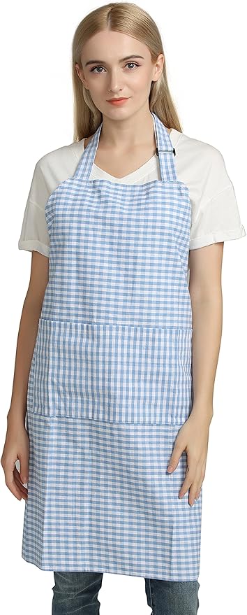 Vintage Gingham Kitchen Aprons Chef Bib Canvas Aprons Christmas Holiday Home Decorative 100% Pure Cotton Aprons in Large Size with Pockets Adjustable Neck Strap Long Ties Aprons(Blue)