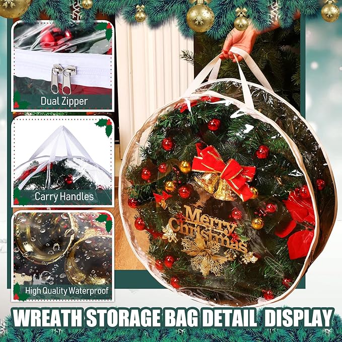 Zhengmy 5 Pcs 30 Inch Christmas Wreath Storage Bags Transparent Wreath Storage Container Bulk Wreaths Box with Dual Zippers and Handles for Xmas Holiday Wreaths Garland