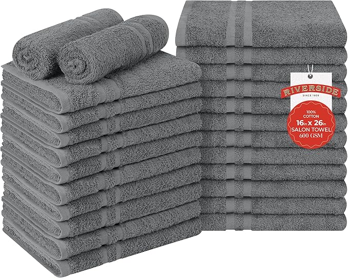 RIVERSIDE Pack of 24 Salon Towels Set (Not Bleach Proof), 16 x 26 Inches, 100% Ring Spun Cotton, Highly Absorbent & Quick Dry Hand Towels for Salon, Barber, Gym, Spa, Bathroom & Home, Grey