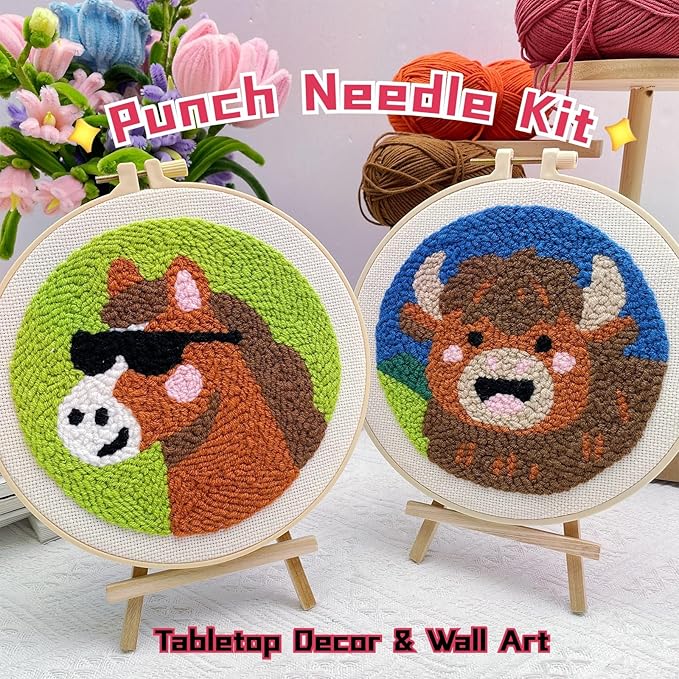 Punch Needle Kit for Adult Beginner, 2-Pack Horse & Highland Cow Punch Embroidery Starter Set with Instructions – Yarn Needle Punch Craft for Xmas Gift Idea & Home Wall Decor