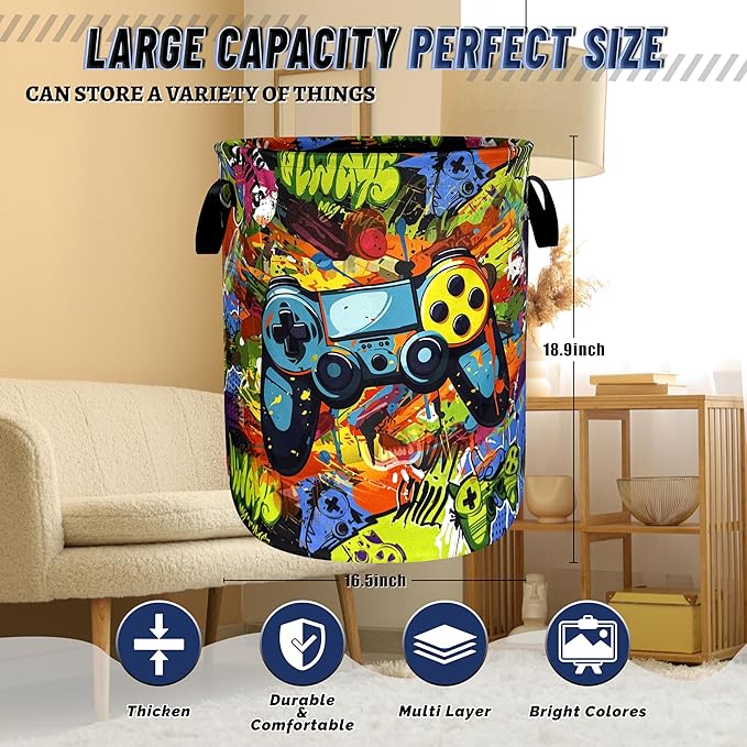 Game Laundry Basket Oxford Cloth Gamepad Funny Laundry Hamper With Handle Portable Clothes Storage Basket Foldable Laundry Bag 18.9"x16.5" For Laundry Room/Bedroom/Bathrooms