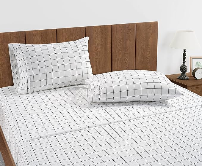 LANE LINEN Fitted Sheet Full Size, 100% Organic Cotton, 3Pc Set (1 Fitted Sheet, 2 Pillowcases) Percale Weave, Bed Fitted Sheets, Breathable, Fits Mattress Upto 15" Deep - Windowpane(No Flat Sheet)