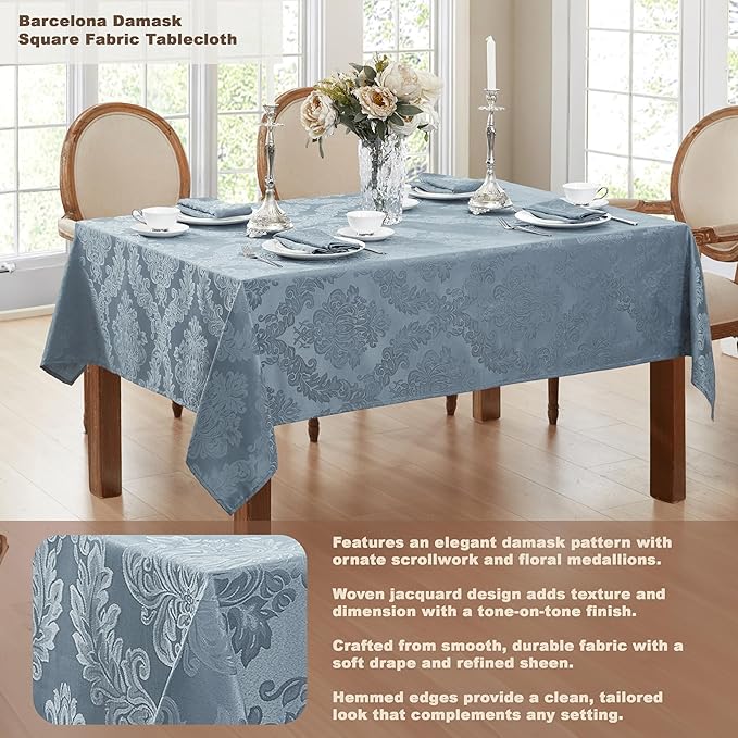 Newbridge Barcelona Damask Fabric Tablecloth, 52 x 52 Inch Square, Blue – No Iron, Soil Resistant Table Cover for Dining, Parties and Holidays