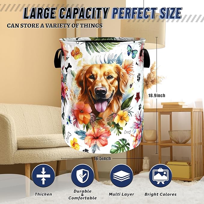 Dog Laundry Basket Oxford Cloth Funny Pet Flower Laundry Hamper With Handle Portable Clothes Storage Basket Foldable Laundry Bag 18.9"x16.5" For Laundry Room/Bedroom/Bathrooms