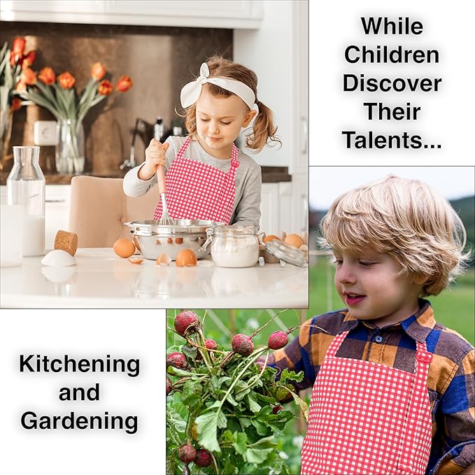 Kids Aprons for Cooking Waterdrop Resistant Aprons for Girl & Boy Toddler Apron for Painting, Gardening, Baking, Smock (Plaid Red, Medium (6-10 years)