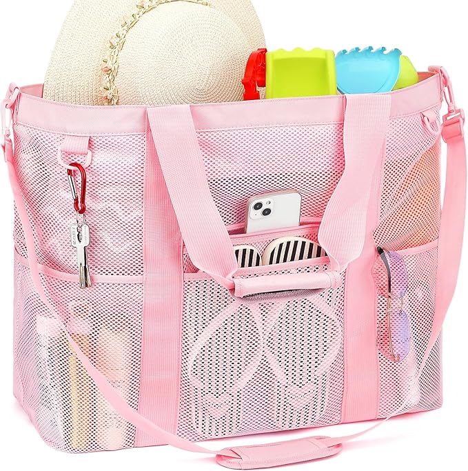 Fammart Mesh Beach Bag, Large Beach Tote with Zipper Pocket for Family Pool Bag for Toys & Vacation Essentials