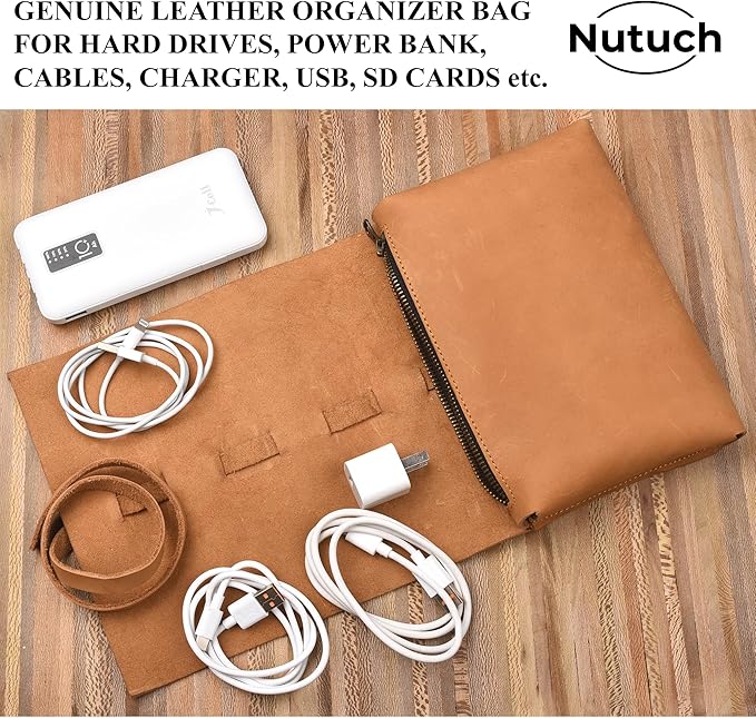 NUTUCH Leather Tech Pouch for Cables Chargers Phone | Tech Bag | Zipper Travel Accessory Pouch | Electronic Organizer Case Travel Bag (Tan)