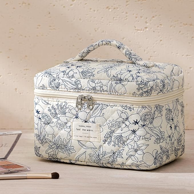 HBselect Christmas Gifts Large Quilted Makeup Bag, Cute Cotton Travel Makeup Bag with Handle, Portable Coquette Floral Make up Bags, Toiletry Organizer Make up Bags for Women Teen Girls Mom