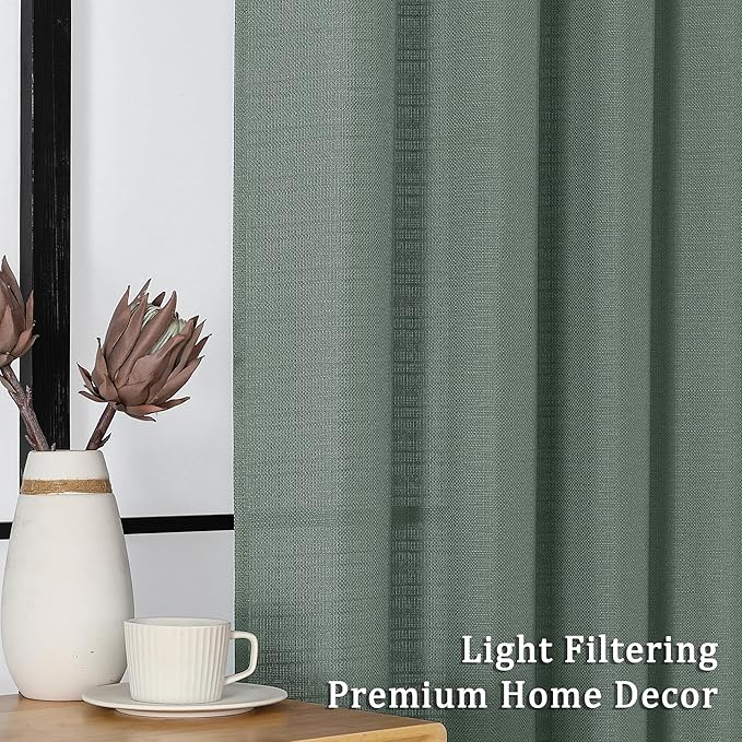 Lecloud Bessie Sage Green Curtains 90 Inches Long 2 Panels, Cozy Light Filtering Faux Linen Curtains, Durable Farmhouse Drapes with Rod Pocket for Bedroom Dining Room Home Office, Each 50" W x 90" L