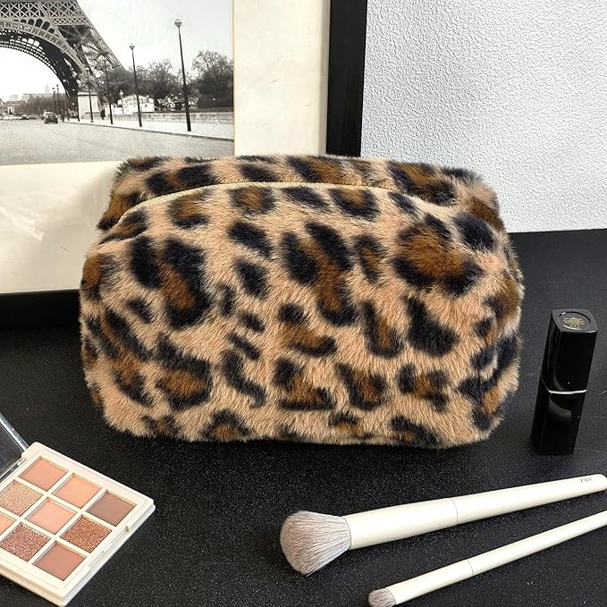 STARDW Leopard Print Makeup Bag - Plush Faux Fur Travel Cosmetic Pouch with Zipper