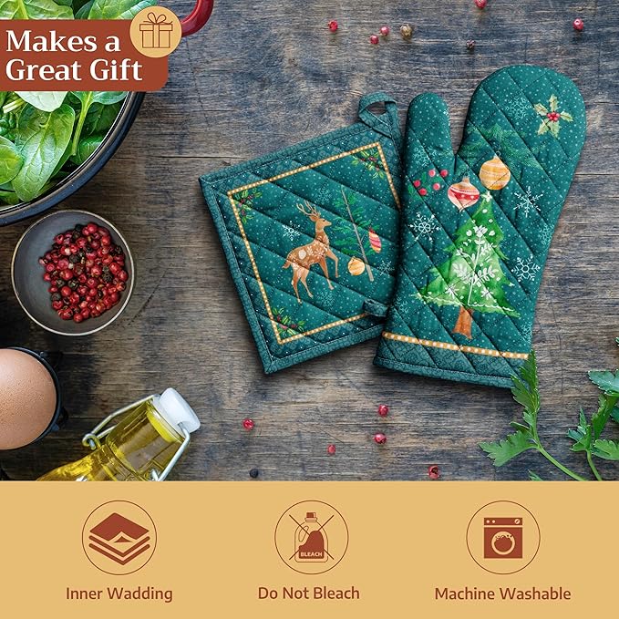 Maison d' Hermine Pot Holders 100% Cotton Heat Resistant Potholders 8" x 8" Hot Pads with Loop for Thanksgiving Christmas Decorations BBQ Cooking Baking Handling Hot Pans (Pack of 1, Hygge Christmas)