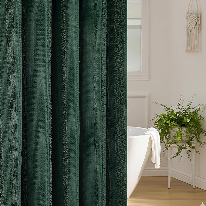 Lameirose Dark Green Shower Curtain Boho, Cotton Blend Waffle Shower Curtain Textured, Fabric Shower Curtains for Bathroom, Hotel, 72 x 72