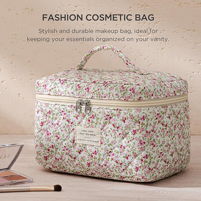 HBselect Christmas Gifts Large Quilted Makeup Bag, Cute Cotton Travel Makeup Bag with Handle, Portable Coquette Floral Make up Bags, Toiletry Organizer Make up Bags for Women Teen Girls Mom
