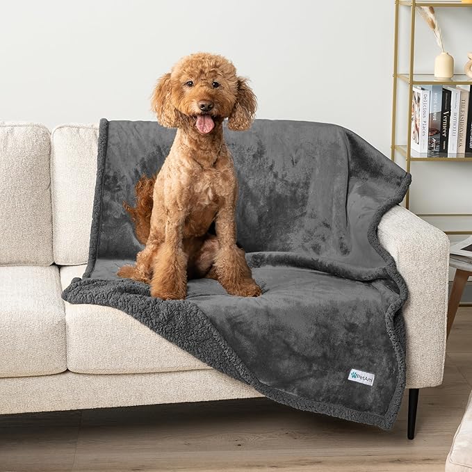 PetAmi Waterproof Dog Blanket for Queen Bed Large XL Dog Throw for Couch Cover Leakproof Furniture Protection, Sherpa Fleece, Reversible Soft Washable 90x90 Gray Gray