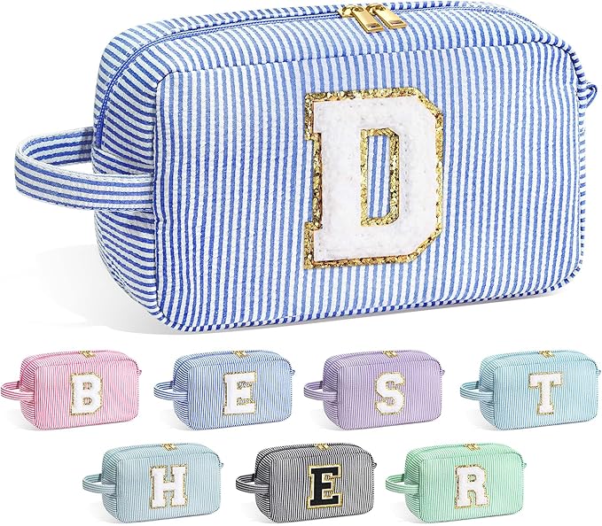 YOOLIFE Birthday Gifts for 6 7 8 9 10 11 12 13 14 15 Year Old Teen Girl - Initial Makeup Bag Letter Toiletry Pouch Cosmetic Case, Personalized Teen Girl Gifts Trendy Stuff Party Favor, Blue D