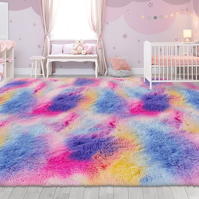 Large Hot Pink Rainbow Area Rug for Kids Room 8x10 Ft, Soft Plush Fluffy Princess Unicorn Rugs for Girls Bedroom, Cute Shaggy Colorful Carpet for Kids Teens Nursery Toddler Decor Aesthetic