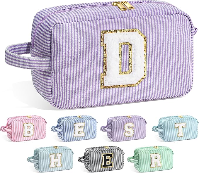 YOOLIFE Birthday Gifts for 6 7 8 9 10 11 12 13 14 15 Year Old Teen Girl - Initial Makeup Bag Letter Toiletry Pouch Cosmetic Case, Personalized Teen Girl Gifts Trendy Stuff Party Favor, Purple D