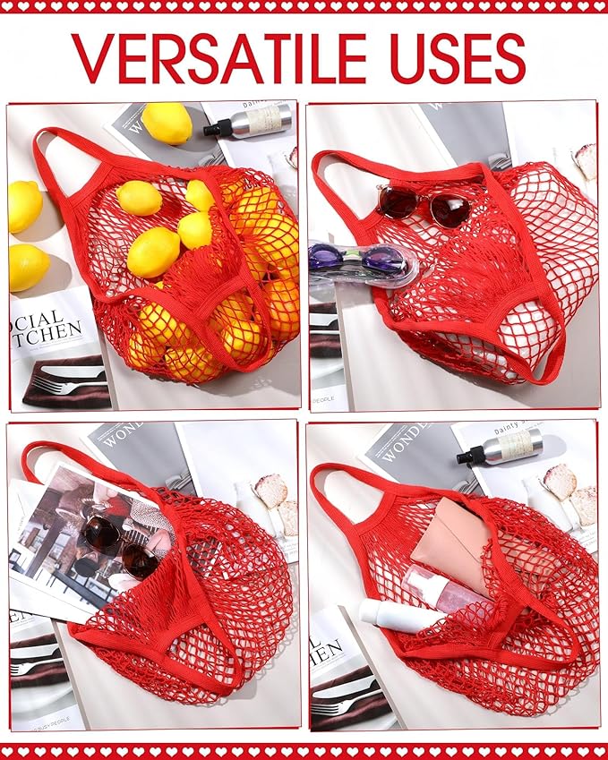 Eccliy 12 Pcs Reusable Mesh Grocery Bags Portable Cotton Produce Containers Washable Net Mesh Tote Bag Handle String Shopping(Red)