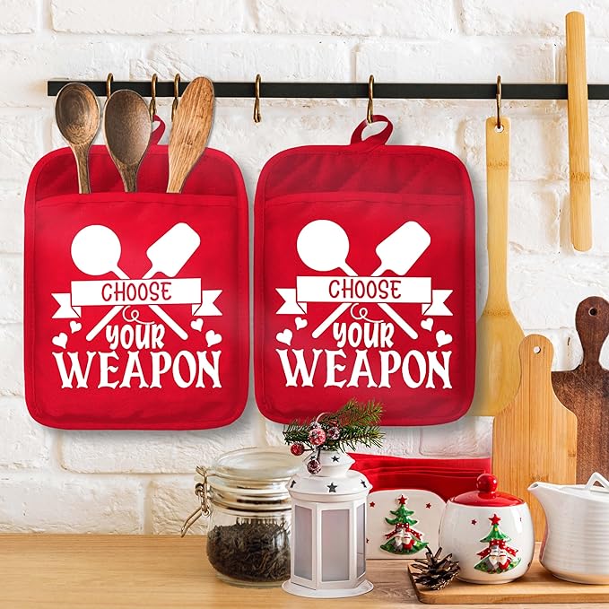 Funny Christmas Kitchen Pot Holders with Pockets, Choose Your Weapon Red Holiday Christmas Oven Pot Holders Heat Resistant Oven Mitts Hot Pads for Kitchen Baking Cooking