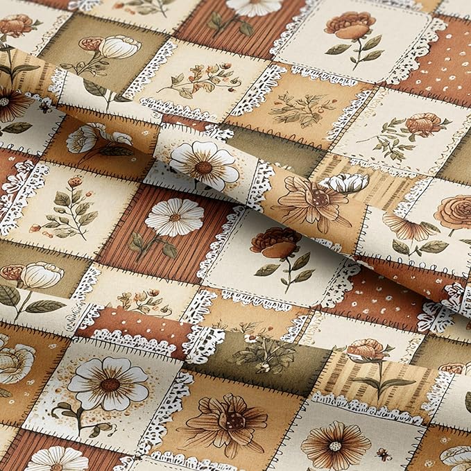 Autumn Lace Blossom Patchwork Cotton Fabric – Warm Beige & Brown Floral Patchwork Print Cotton 140 GSM, Panel 61 x 36.6 Inches, Pre-Cut Sewing Fabric Panel for Quilting, Crafts & Home Decor(USA Size)